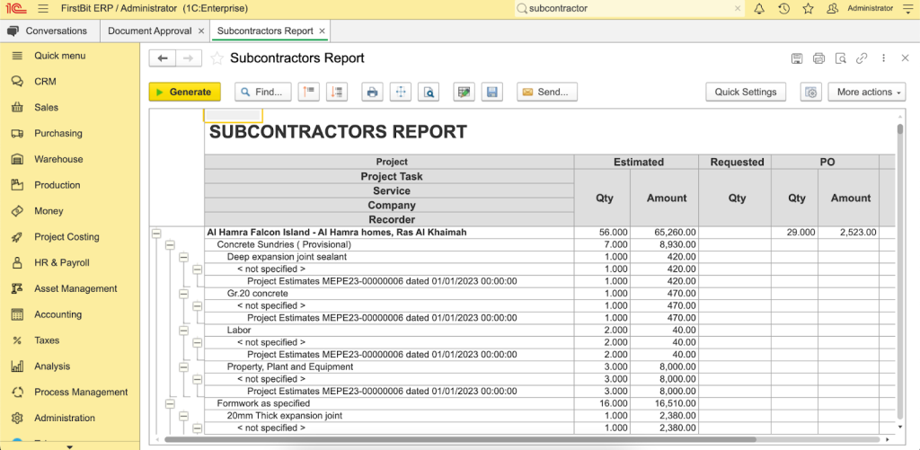 Subcontractors Report in FirstBit ERP