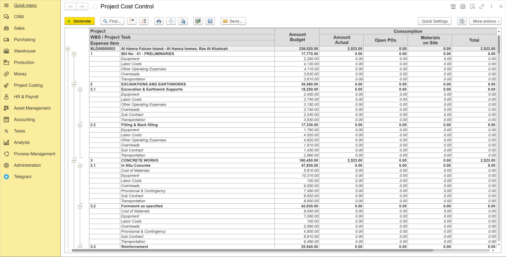 project cost control in erp