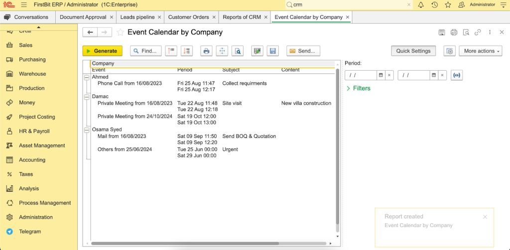 CRM Event Calendar in ERP