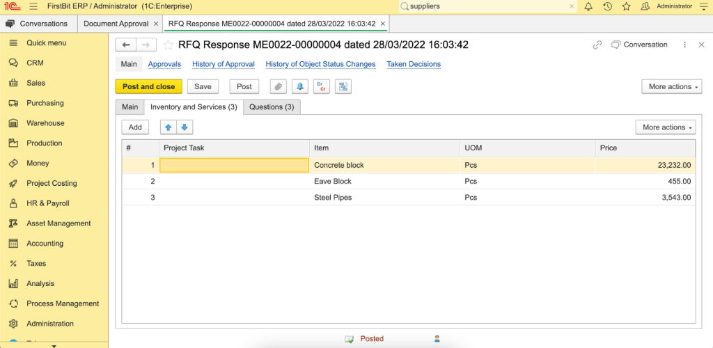 Quotations for Inventory and Services in RFQ in erp