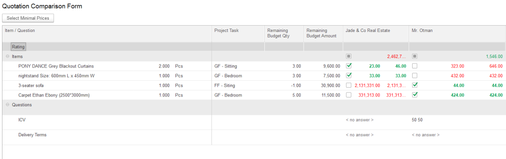 quotation comparison form in ERP system