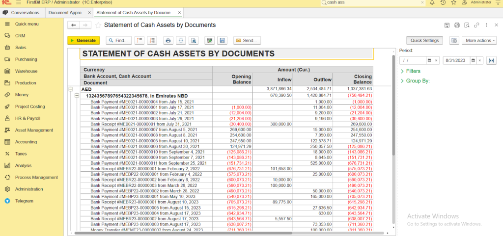 statement of cash assets 