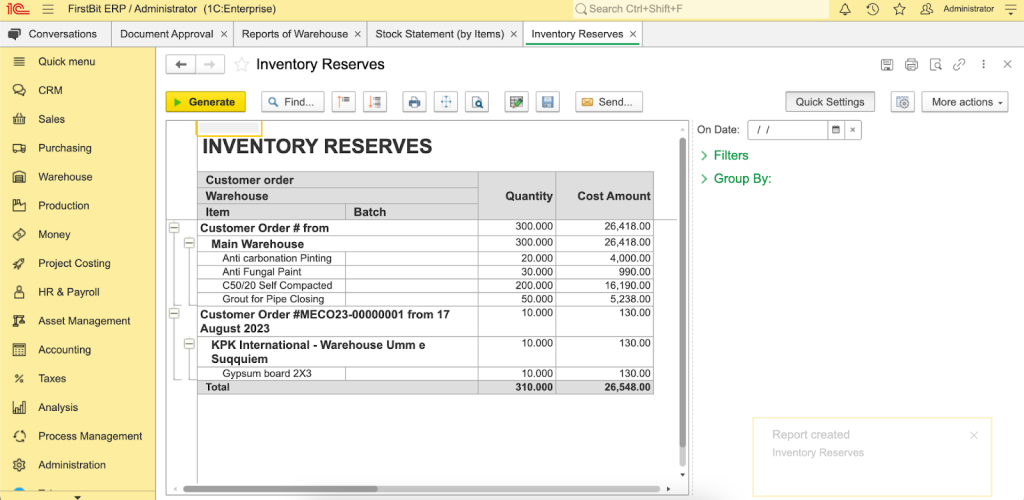 Inventory reserve report