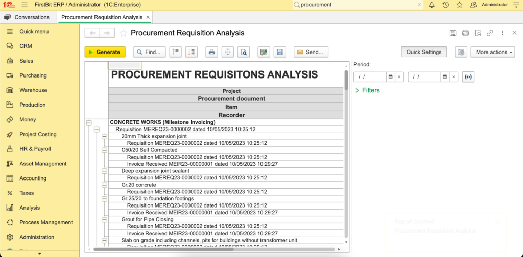 Procurement reports in FirstBit ERP