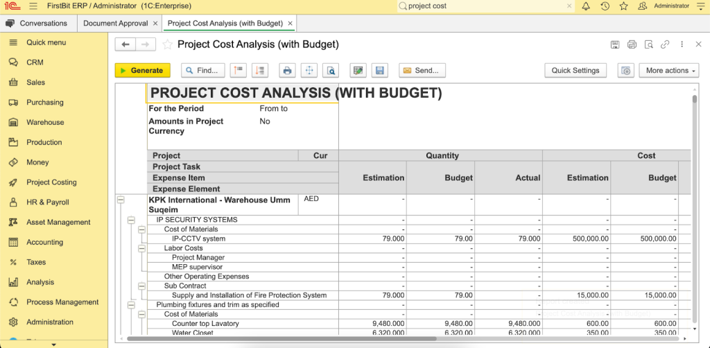 project cost analysis in ERP