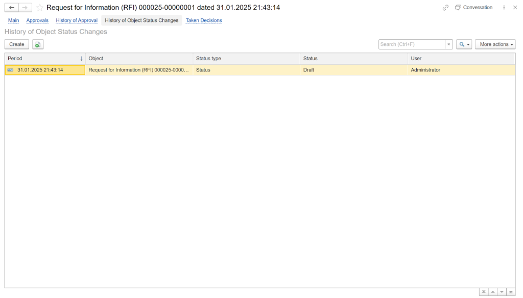 RFIs list in the history status tab in FirstBit ERP